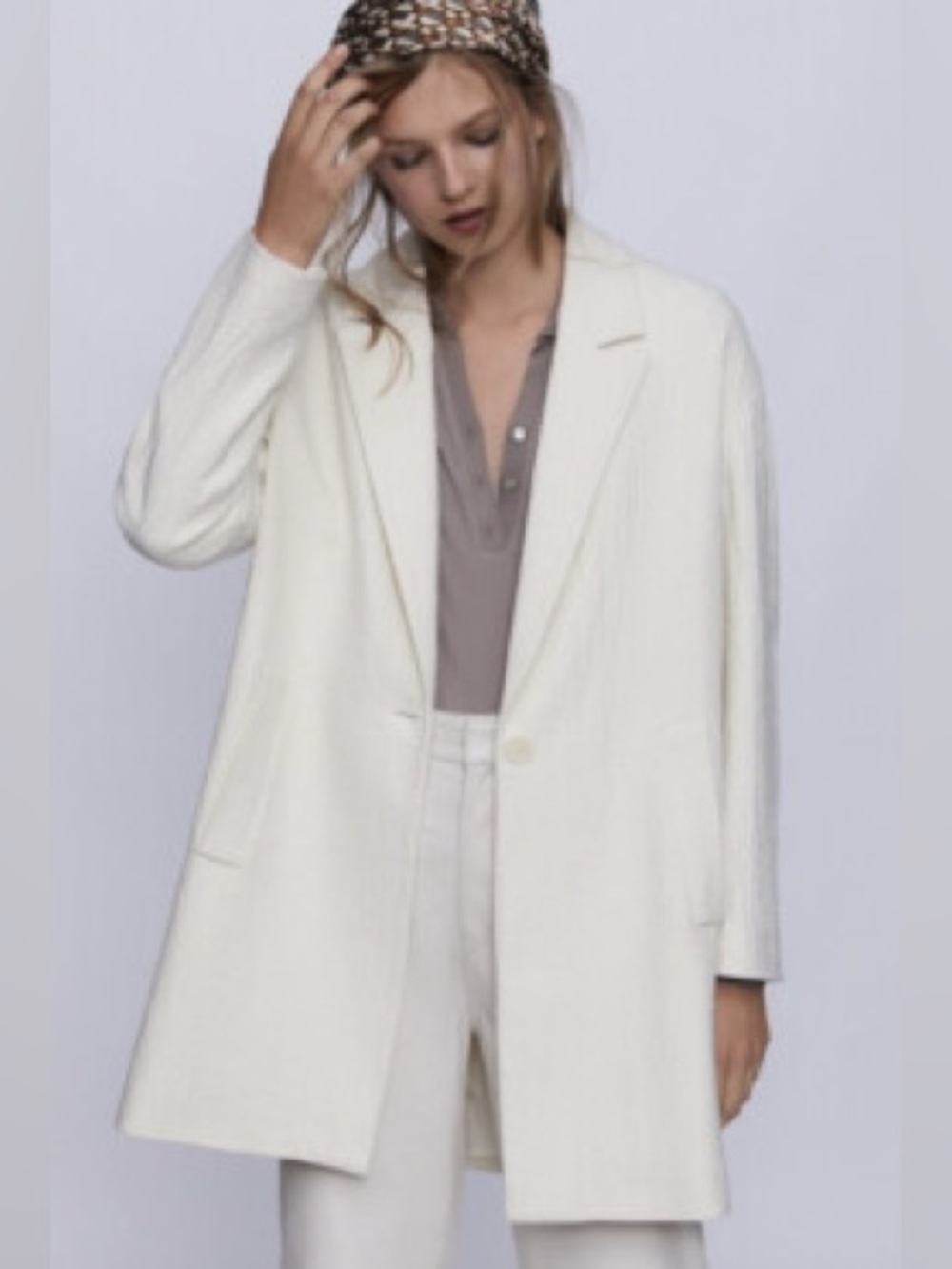 Zara Cream Textured Wool-Blend Single-Button Blazer Coat